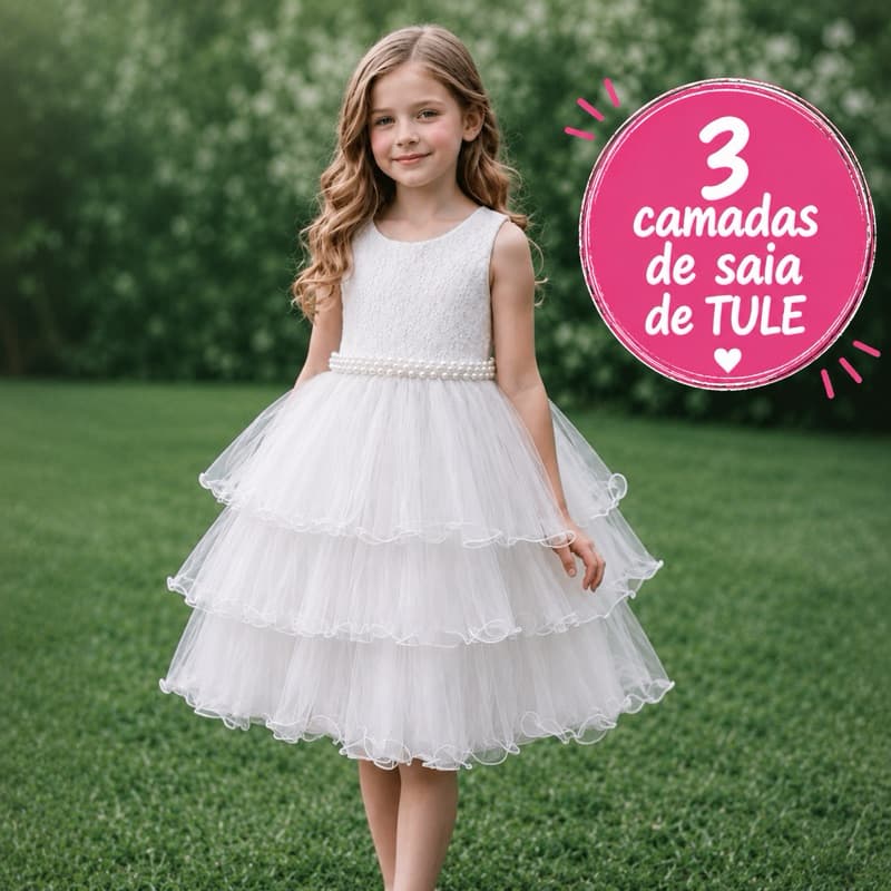 Vestido Festa Midi Infantil  Camadas Tule Florista Batizado Dama de honra Casamento REF2189