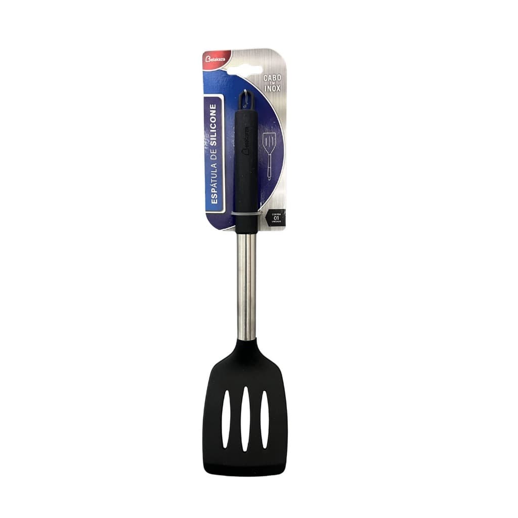 Espátula Vazada De Silicone Preta Cabo Inox Belakaza