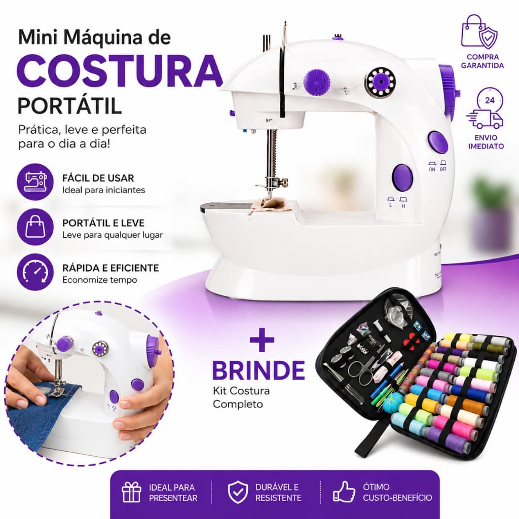 Mini Maquina Costura Portátil Elétrica com Pedal Bivolt 110v-220v + BRINDE