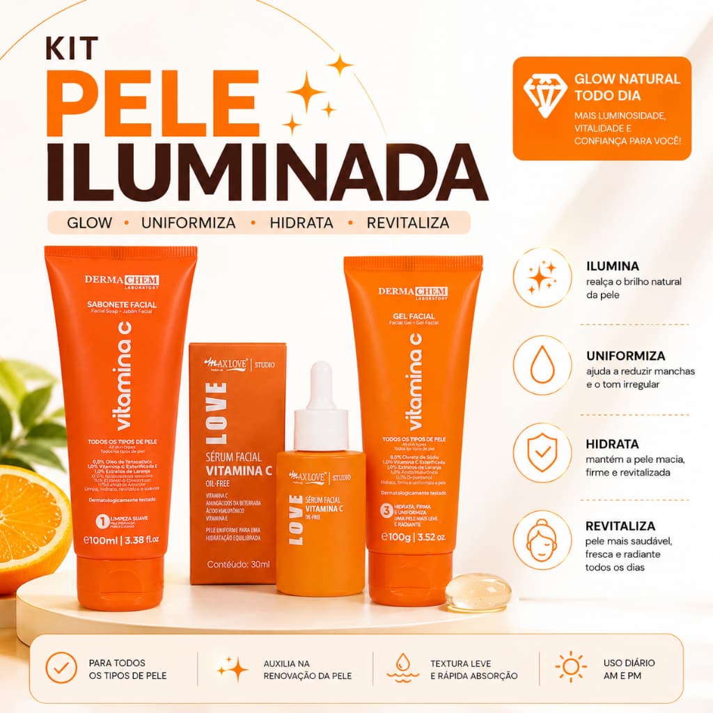 Vitamina C kit skincare limpeza de facial pele iluminada clareador