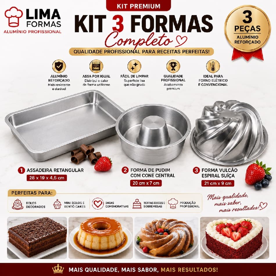 Kit 3 Formas de Bolo Alumínio Profissional, Forma Retangular, Forma de Pudim e Forma Vulcão Espiral