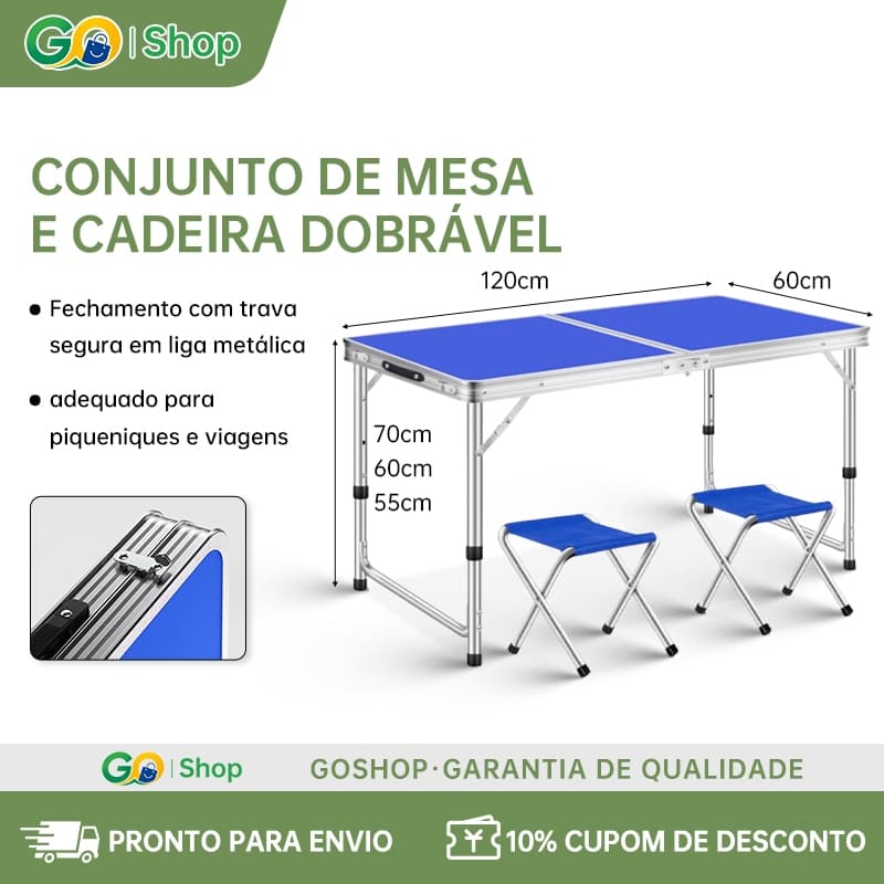 120x60x70CM Mesa Dobrável Com 4 Cadeiras de Alumínio Portátil Vira Maleta Camping Praia