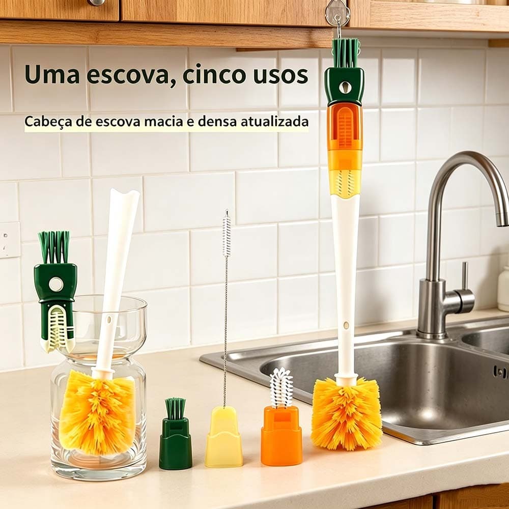 Escova Multiuso 5 em 1 Cabo Longo – Ideal para Limpar Canudos, Copos, Garrafas e Mamadeiras