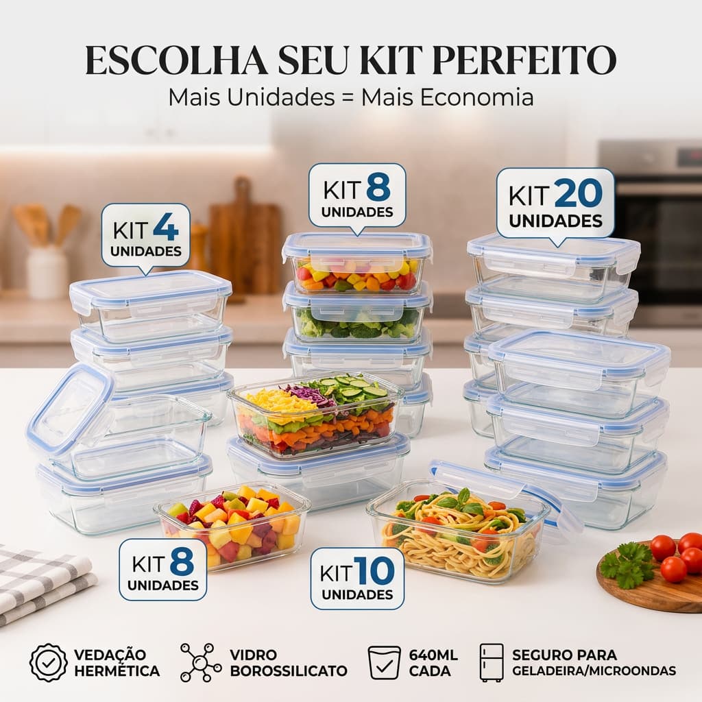 Kit Pote Hermetico Retangular 4 8 10 ou 20 unid 640ml Tampa Vidro Vedacao Segura Organizador Cozinha