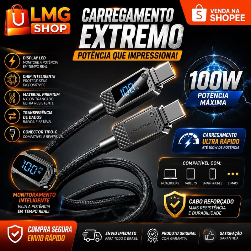 Cabo Tipo C Turbo 100W H'Maston Com Display LED Carregamento Rápido Tipo USB-C Para USB-C - LMG Shop
