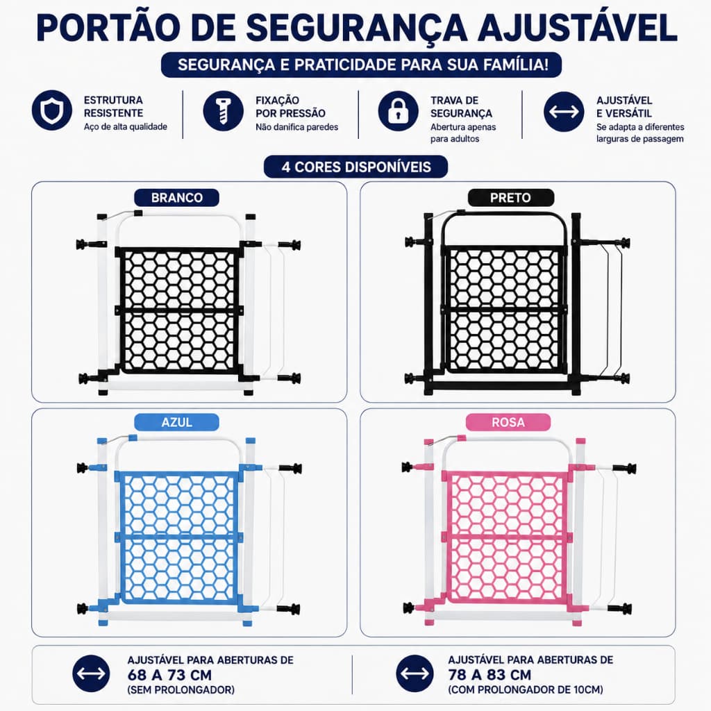 Portão Ajustavel 68cm a 83cm Varias Cores Bebês e Pets Versatil, Reforçado, Instalação por Pressão