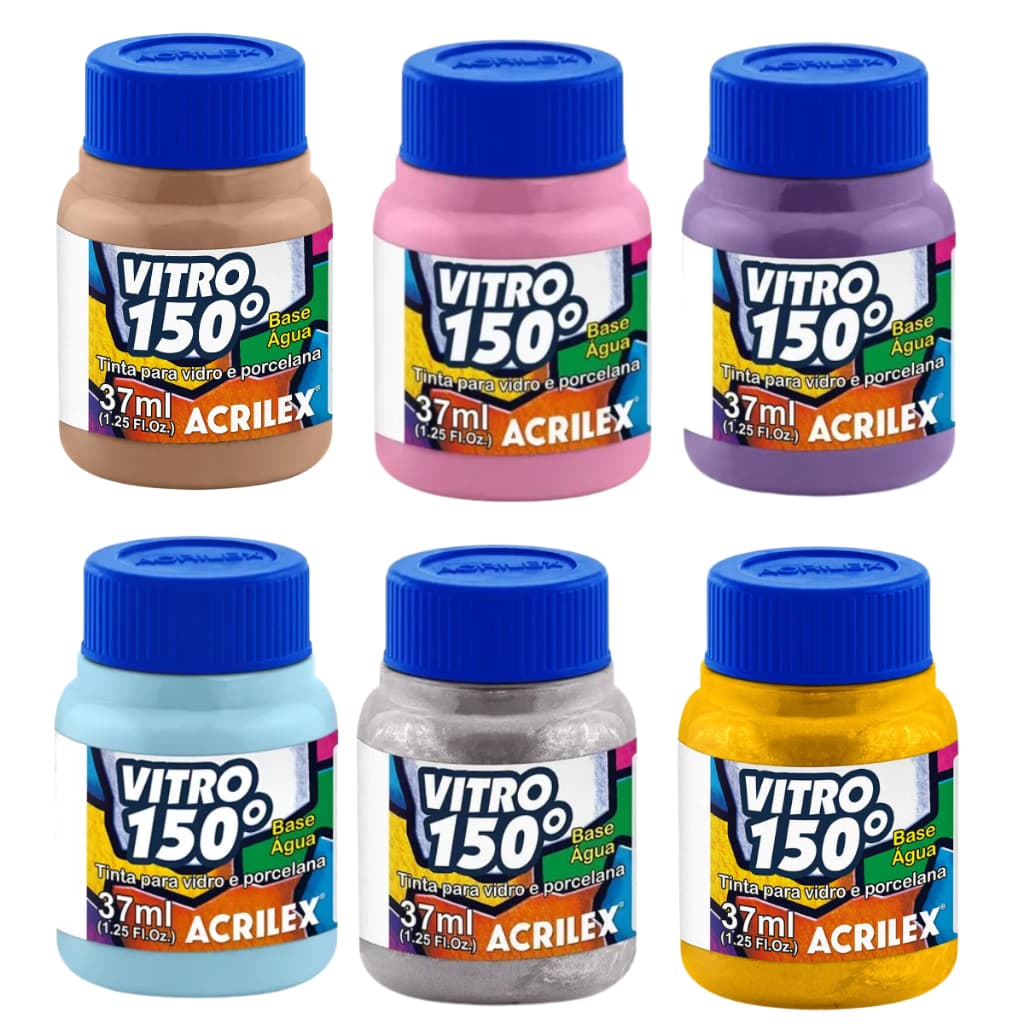 Kit 6 Cores Tinta Vitro 150o Vidro Porcelana Acrilex Pastel