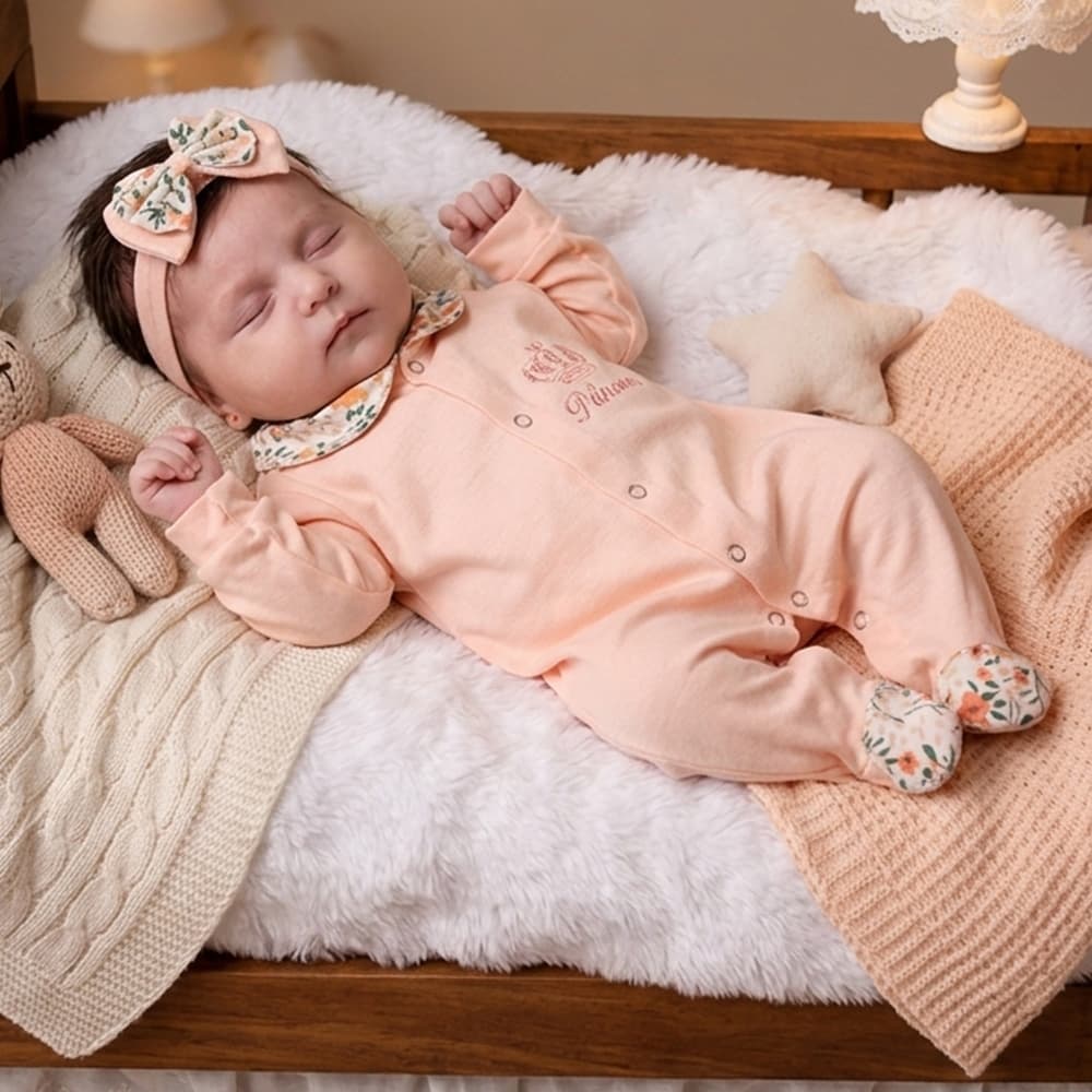 Conjunto Menina 02 Peças Macacão Bordado Princesa Com Faixa De Cabelo Roupa Para Bebê Salmão
