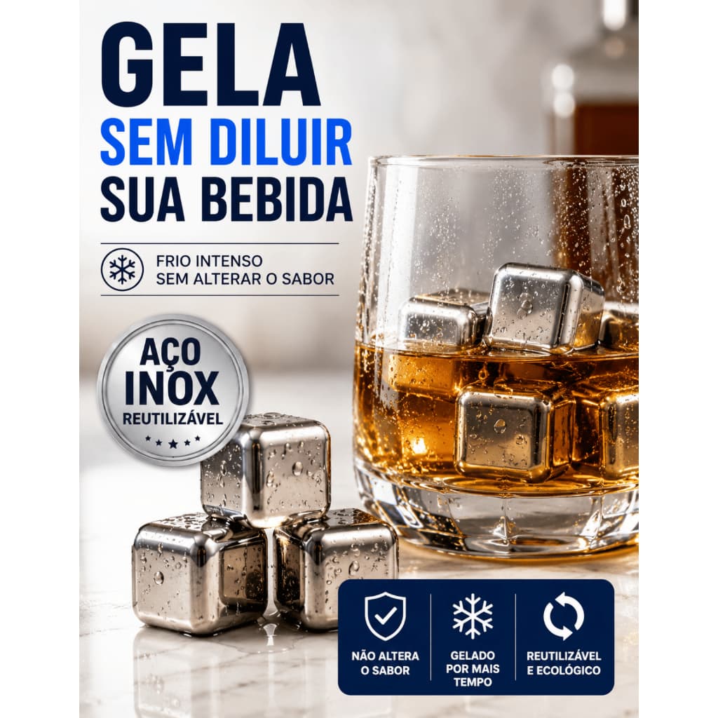 Kit Cubos De Gelo Aço Inox Reutilizável Whisky Bebidas Com Pegador E Bandeja Premium Reutilizáveis