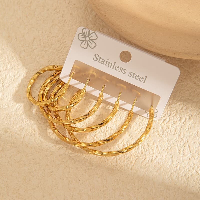 Brincos Argola Grandes de Aço Inoxidável Dourado, Estilo Moderno e Resistente, Kit com 3 Pares