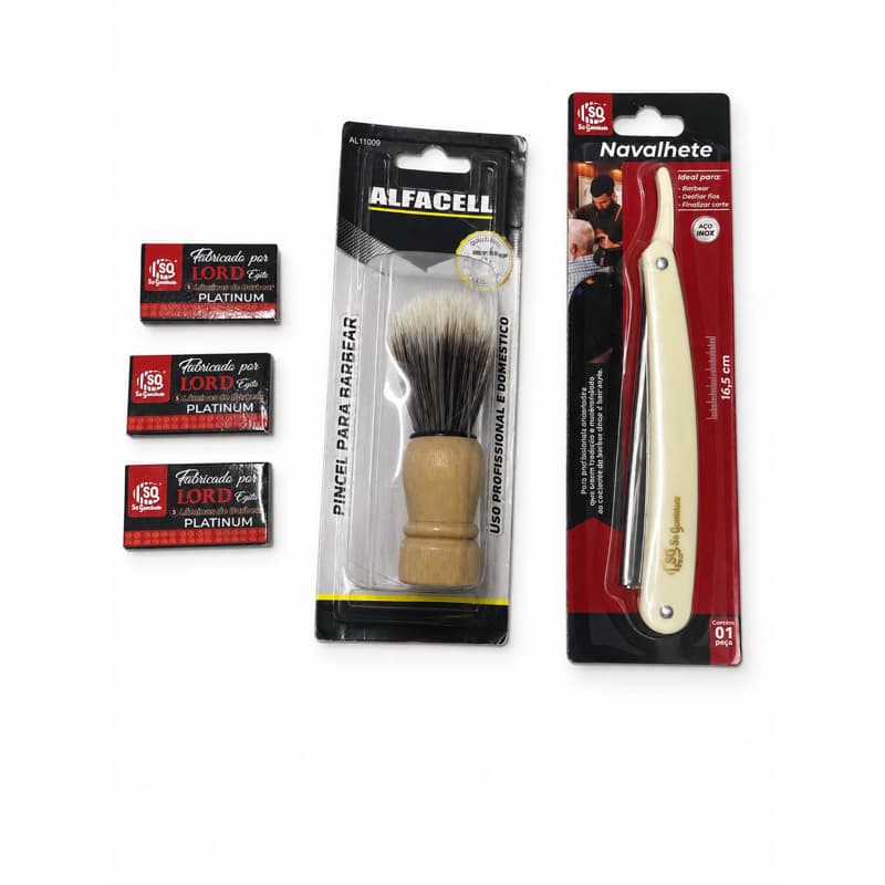 kit de Navalhas Manual Premium Para Corte e Acabamento Preto ou Marfim Material resina + pincel para barbear+ 15 lâminas