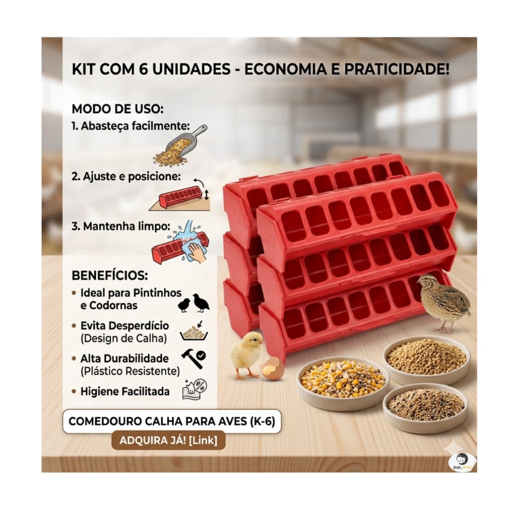 Comedouro Calha Plástico Kit c 6 unds 30cm - Codornas Pássaros Pintinhos Granja Galinha