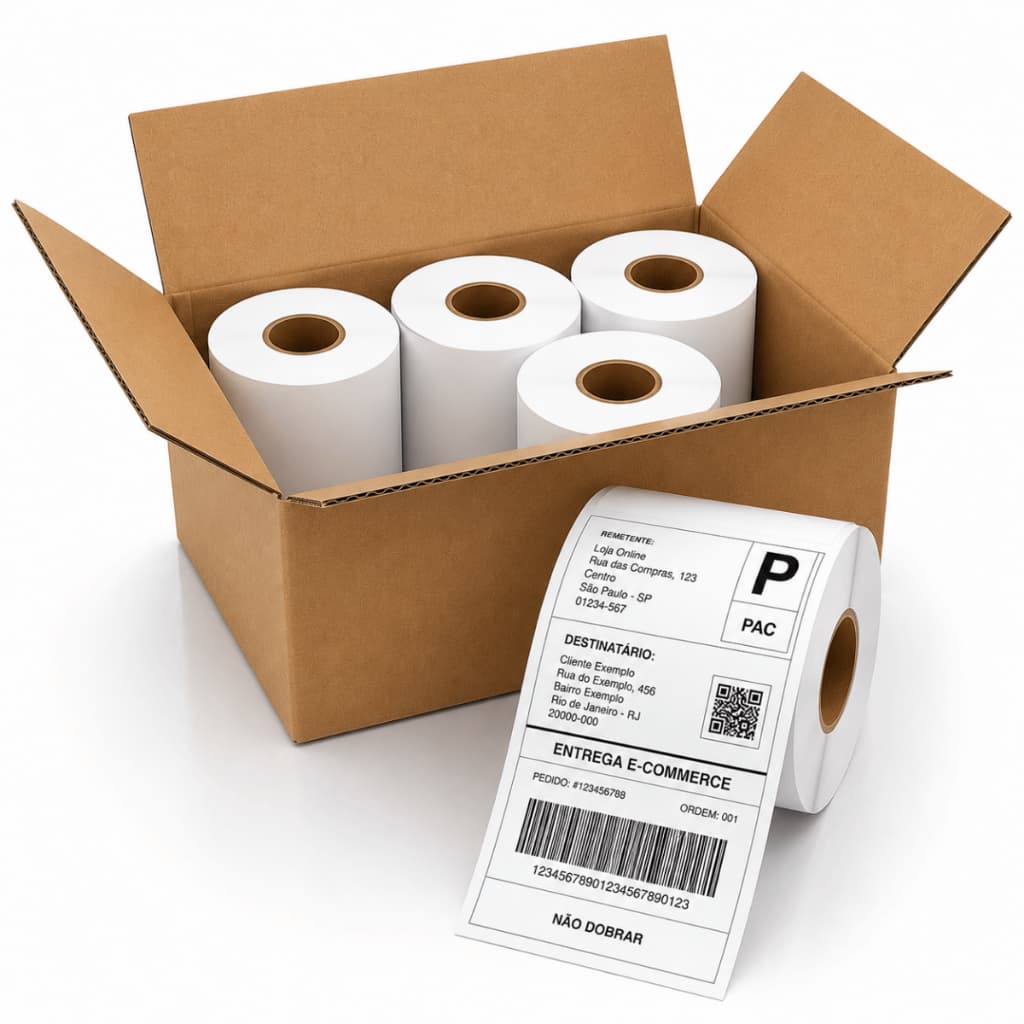 Kit com 5 Rolos Etiqueta Térmica Adesiva 10x15 100x150 Serrilha Não Usa Ribbon Ecommerce Correios