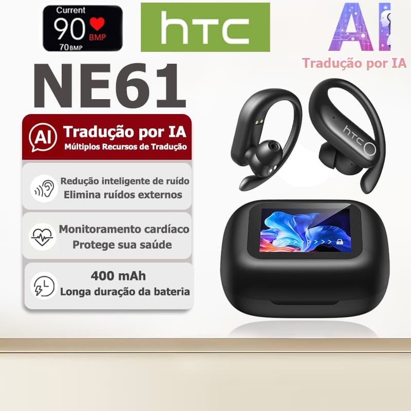 Fone Bluetooth HTC NE61 com tradução por IA e monitoramento cardíaco, versão Bluetooth 6.0, som HiFi e resistência à águ