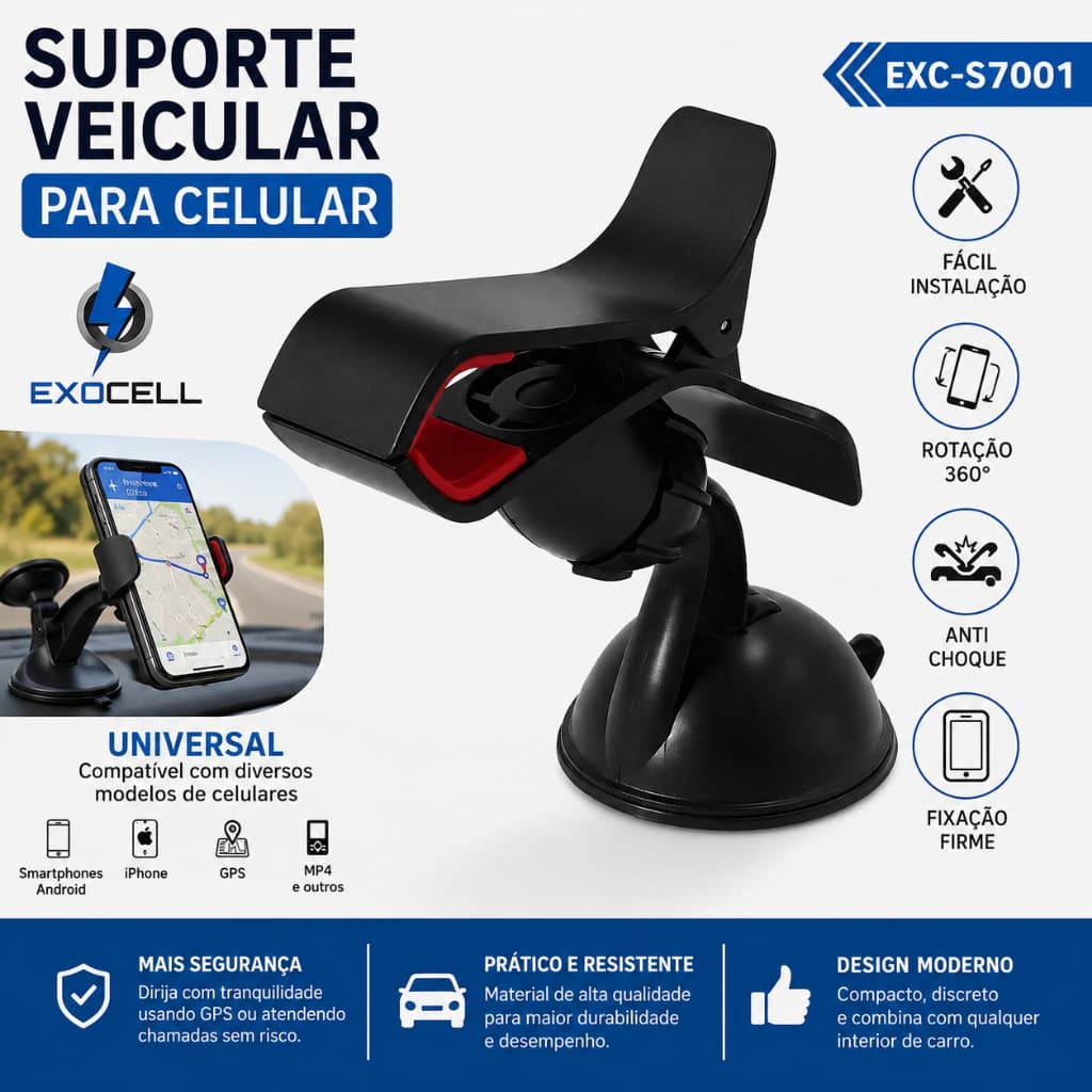 Suporte Veicular Para Celular Exocell EXC-S7001 Universal 360° Com Ventosa