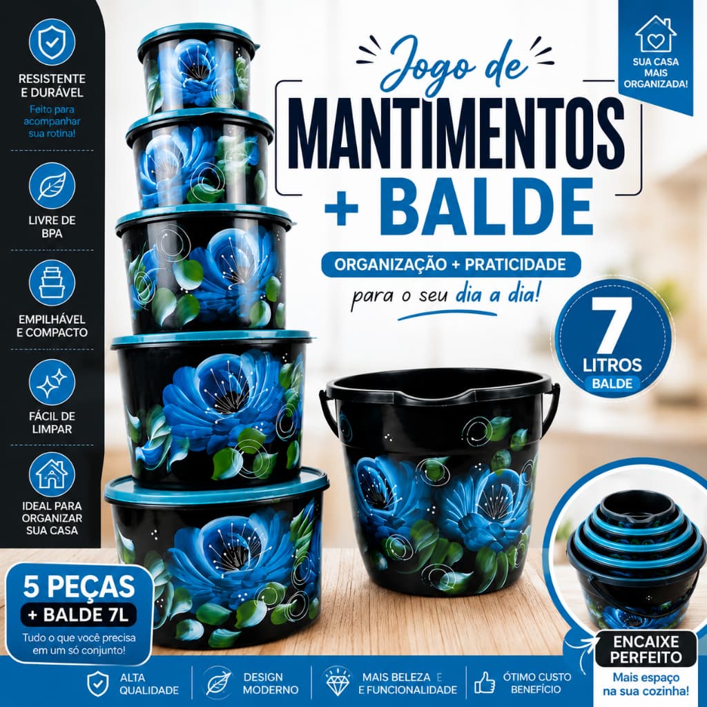 Jogo de Mantimento Plástico com Balde 7L Estilo Floral Moderno para Cozinha