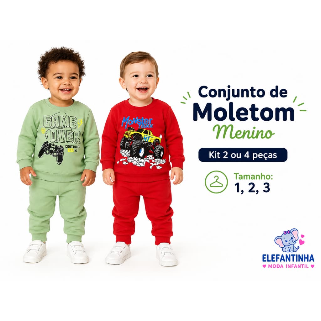 Kit 2 ou 4 peças Conjunto de Moletom Infantil Menino Tamanho1,2,3