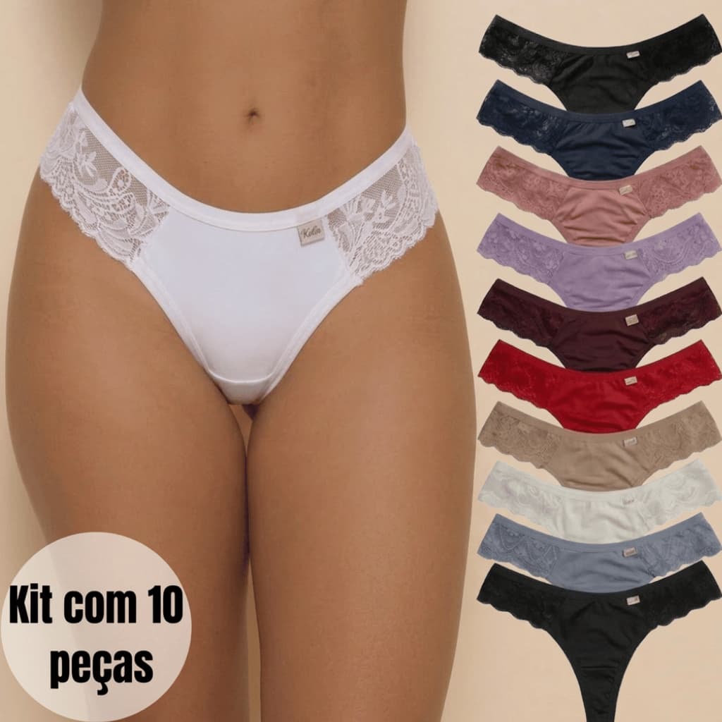Kit 3 5 e10 Calcinhas Fio Duplo Levanta Bumbum Forro Algodão Renda Não Marca Cores Sortidas Promoção