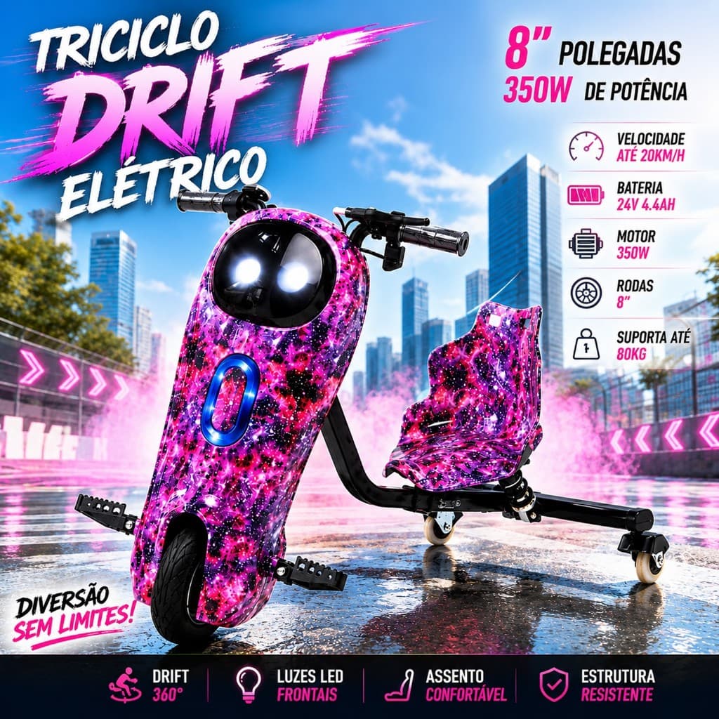 Triciclo Elétrico Infantil Drift LED 250W 350W Bluetooth 3 Velocidades Seguro Proteção