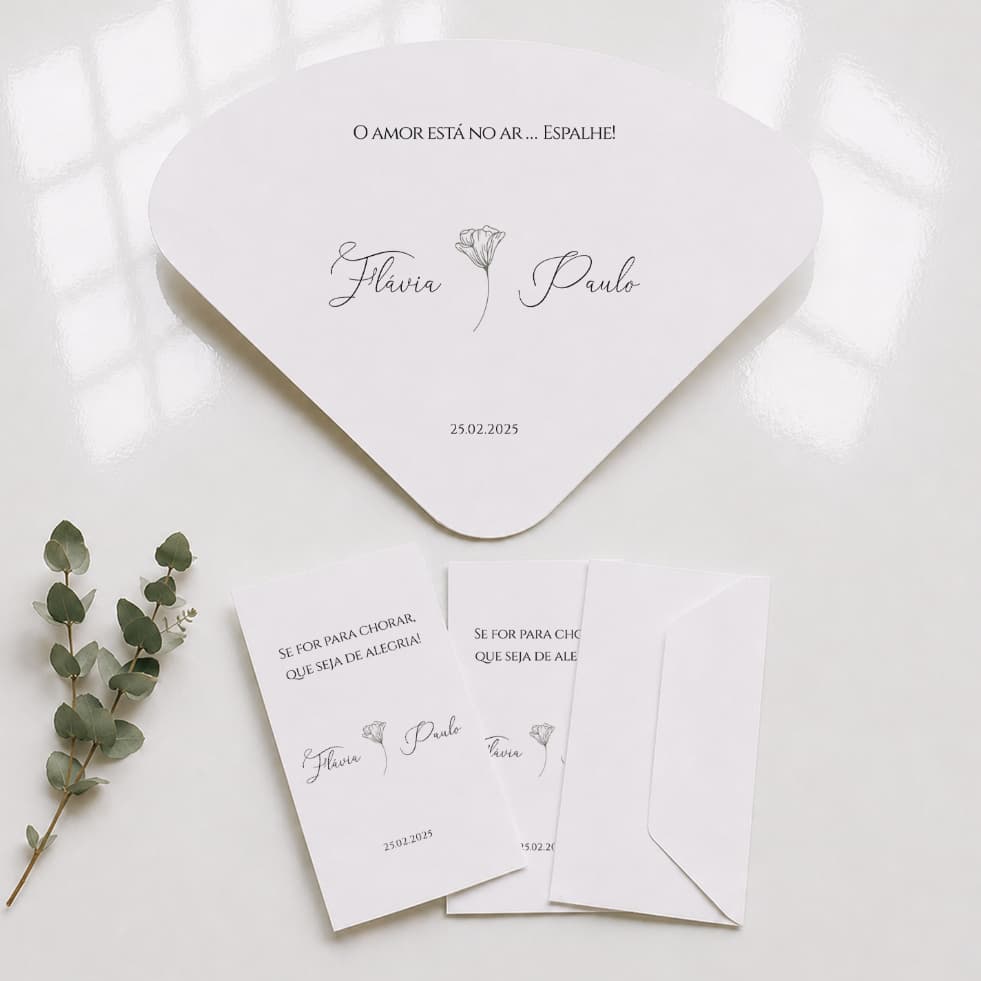 Kit Ventarola Leque e Lágrimas de Alegria para Casamento Personalizado Minimalista 2026 (9 dias úteis de produção)