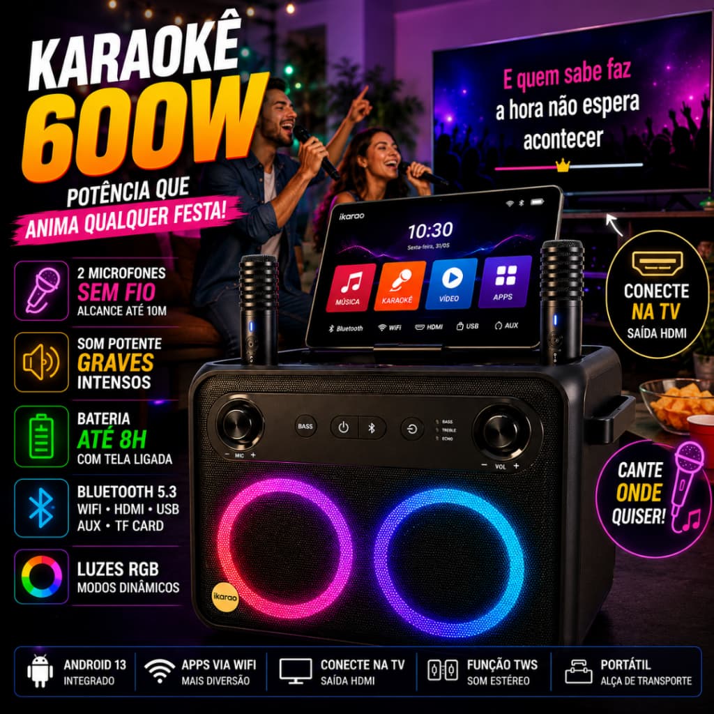 Caixa De Som Karaokê Joog Break X2 600W Tela Touch 10” 2 Microfones RGB Bluetooth