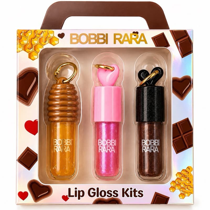 Kit Lip Gloss Bobbi Rara – 3 Unidades com Chaveiro | Edição Fofa Chocolate & Mel