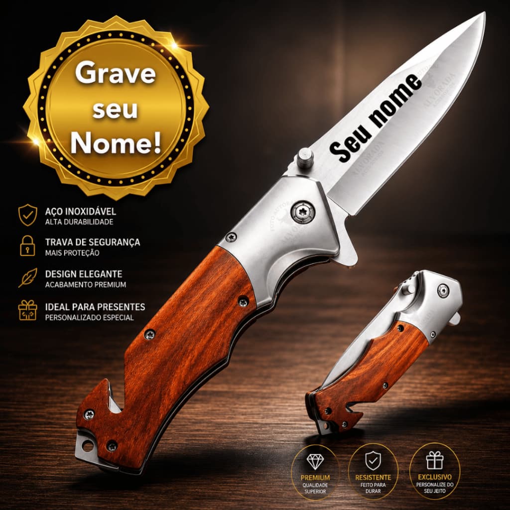 Canivete Silver cabo de madeira com nome personalizado a laser