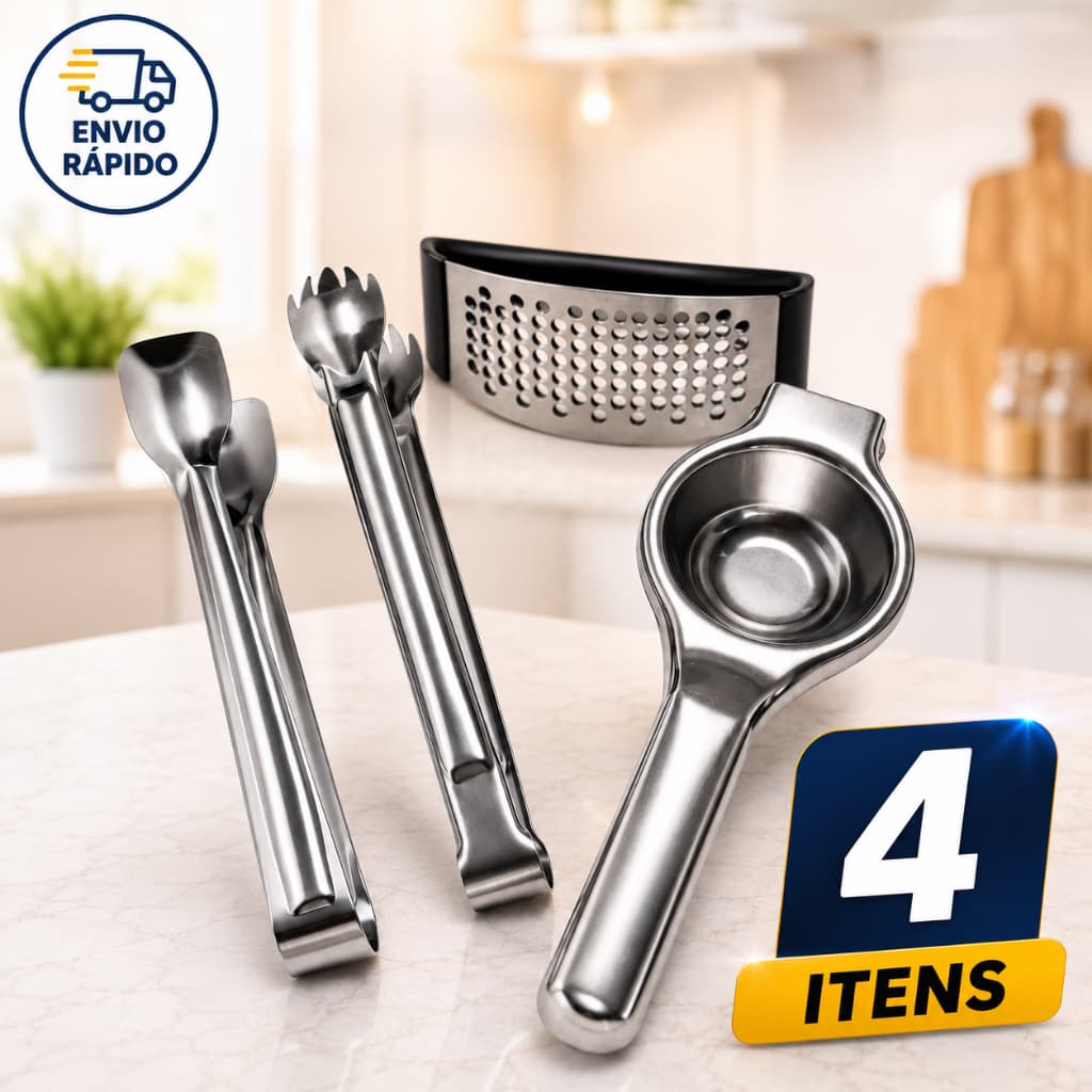 Espremedor Limão Inox + Amassador Alho + Pegadores Cozinha Kit 4 Peças