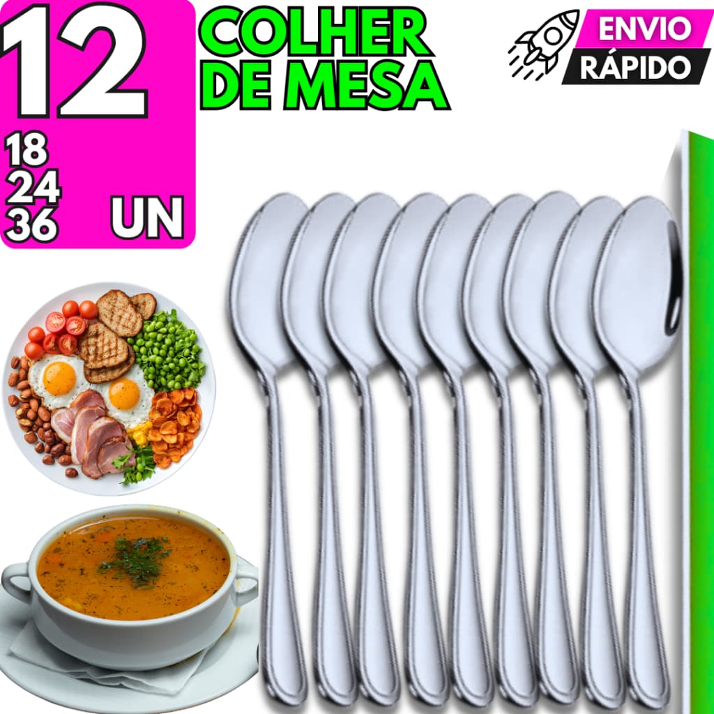 Jogo Colheres de Sopa Aço Inox Casa Churrascaria Pizzaria Lanchonete Buffet Culinária Restaurante