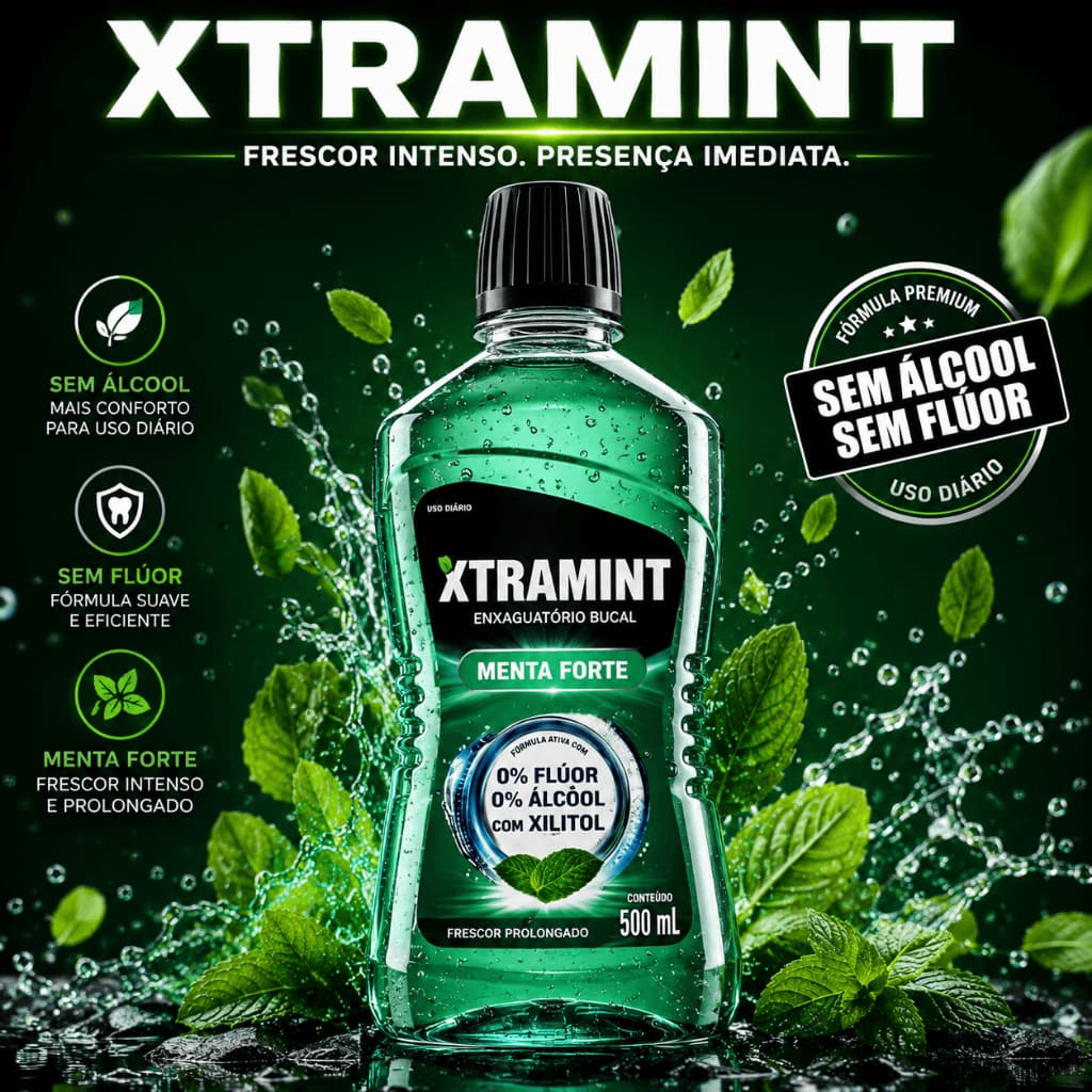 XTRAMINT Enxaguante Bucal Sem Álcool Sem Flúor Com Xilitol 500ml Hálito Fresco Menta Forte Premium