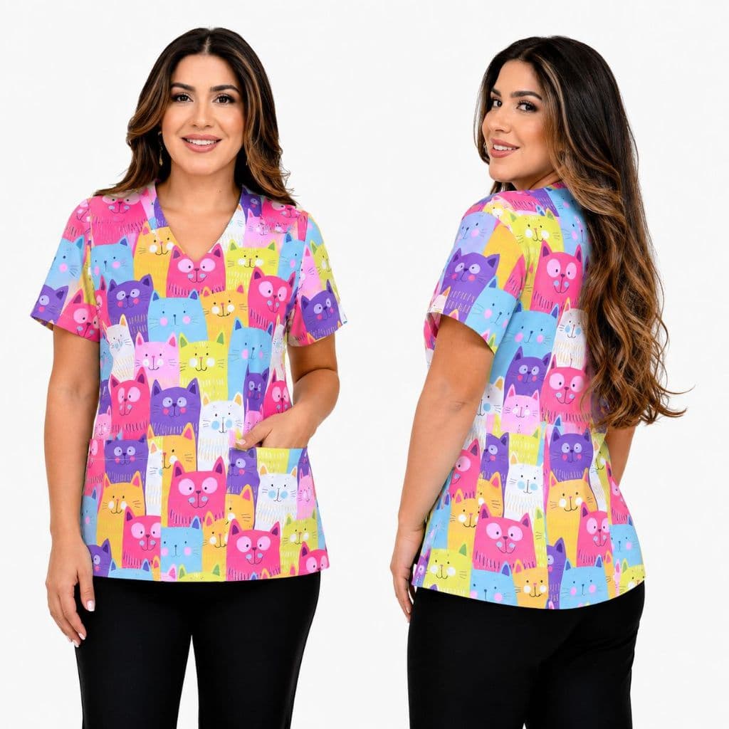 Blusa Bata Scrub Pijama Cirúrgico Feminina Estampada Veterinária Cachorro Gato Pet