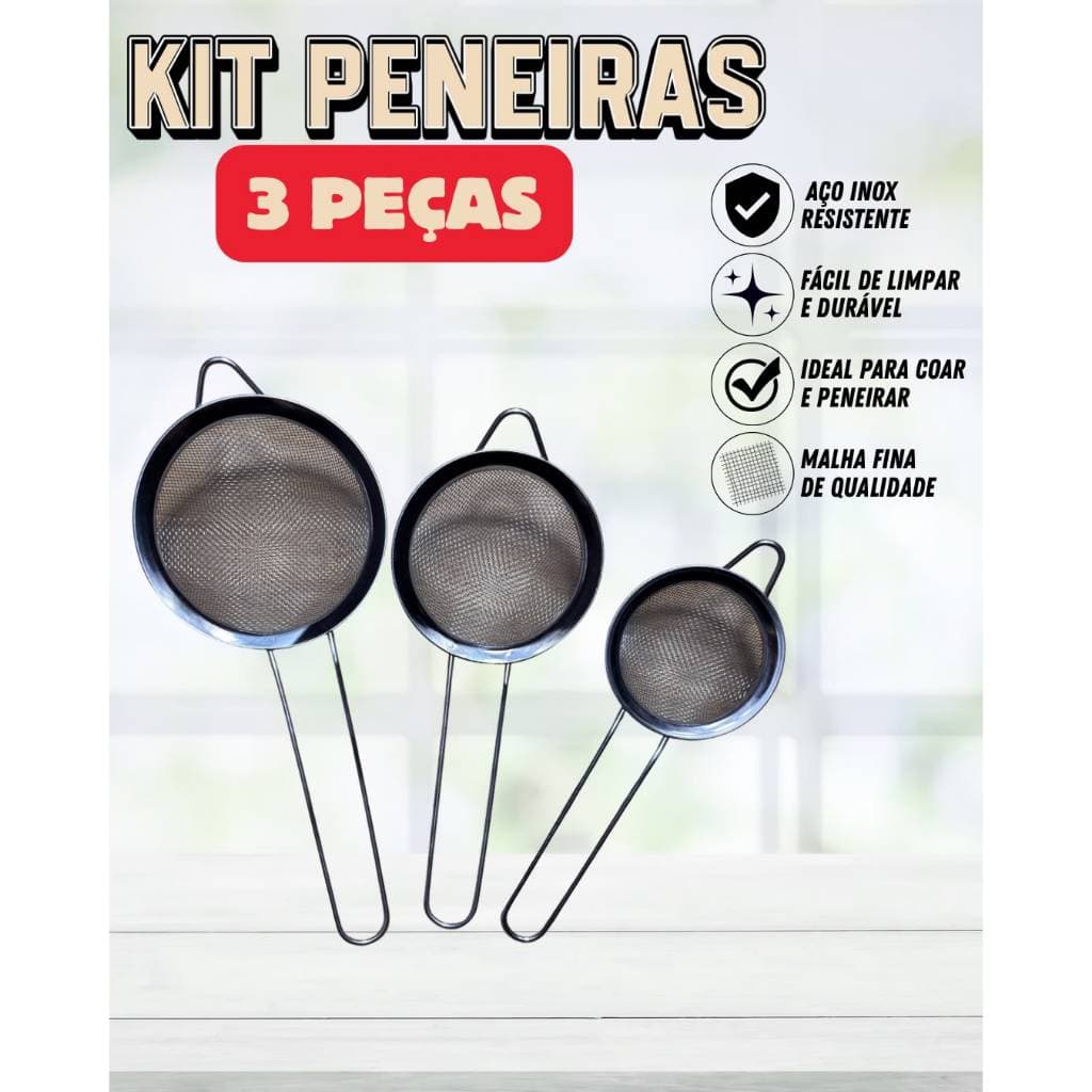 Kit 3 Peneiras 100% Inox  - 3 tamanhos essenciais (6,9cm / 8,2cm / 9,7cm)