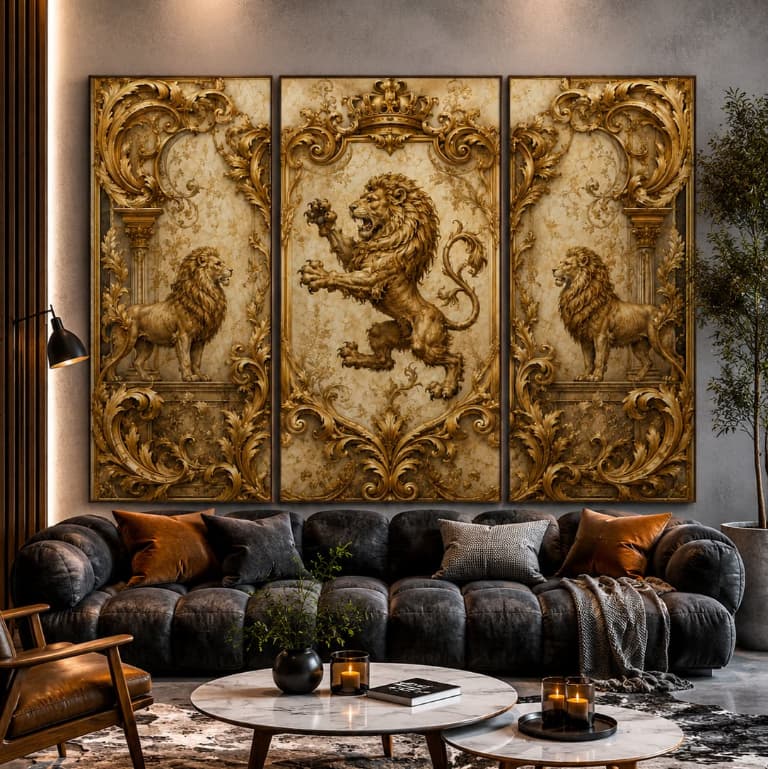 Kit Quadro Decorativo 3 Peças Leão Luxuoso Realeza Dourado Gold Exclusivo Sala Quarto Escritório