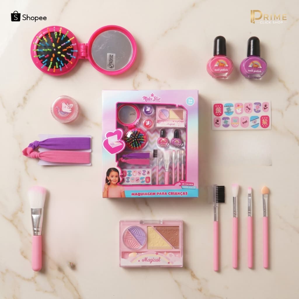 Kit Maquiagem Infantil Completo Pincéis Batom Sombra E Acessórios Cabelo Brinquedo Menina💄