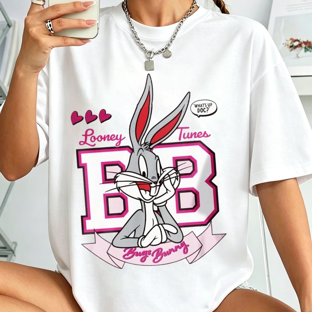 Femea Camiseta Casual de Manga Curta com Gola Redonda, Estampa de Letra e Desenho Coelho Animado,100% Algodão,P-G3
