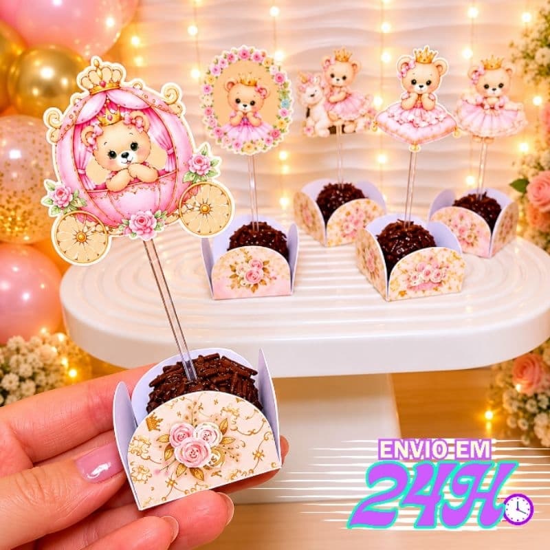 Forminha para Doce com Topper Ursinha Princesa Luxo | Festa Infantil Menina