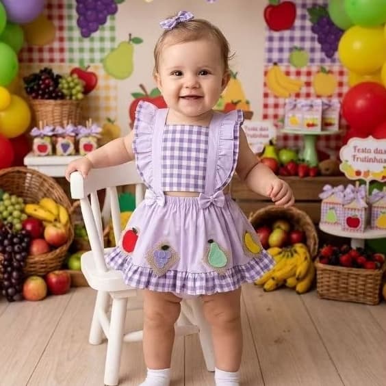 Jardineira  frutinhas romper frutas vestido infantil frutas fantasia infantil