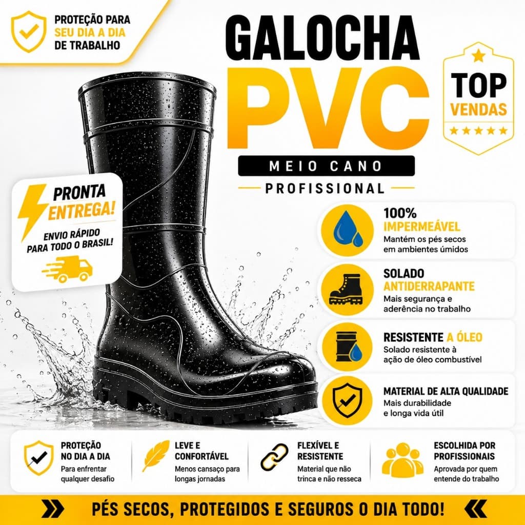 Bota Galocha Impermeável PRETA EPI PVC Proteção Chuva Motoboy Entregador Limpeza ENVIO RÁPIDO !