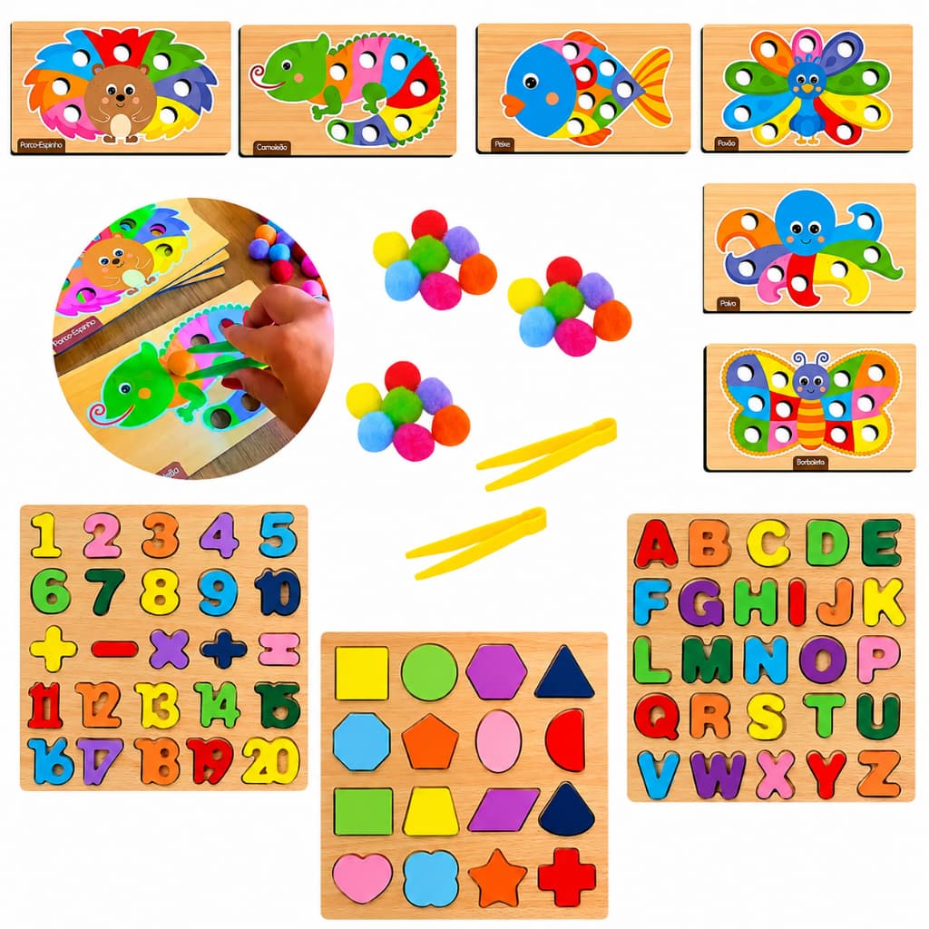 Kit 2 Brinquedos Educativo Formas Geometricas de Madeira com Brinquedo Pega Pompom Montessori