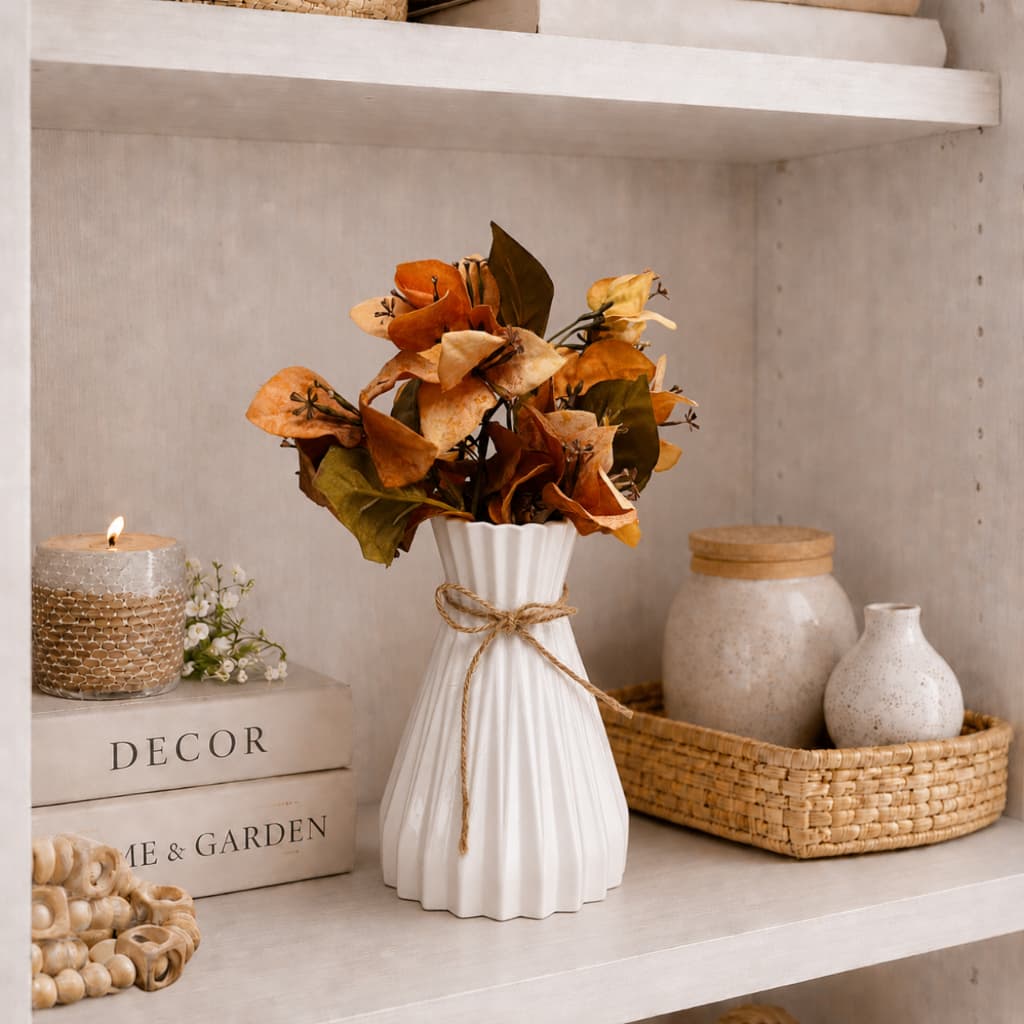DV Vaso Plástico Decorativo Branco com Laço e Buquê de Primavera Permanente Para casa Decor