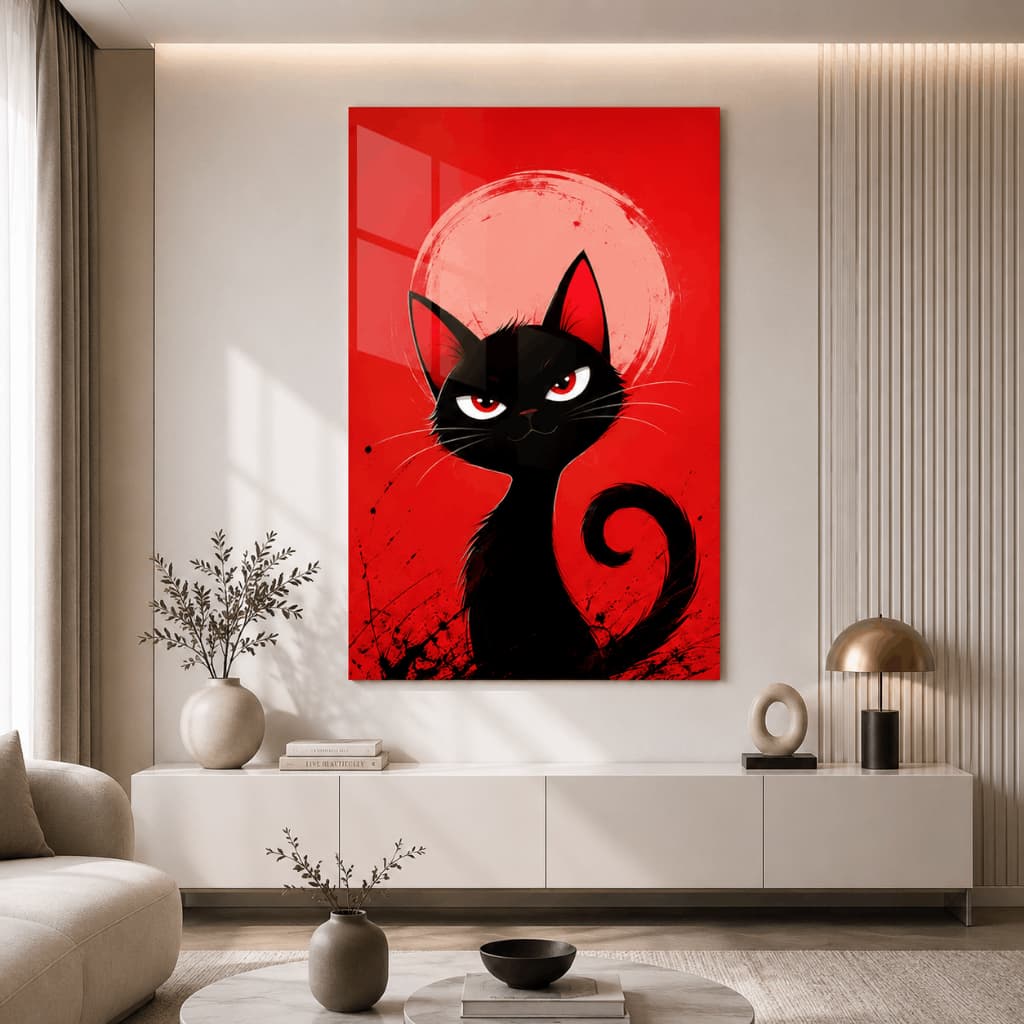 Quadro Decorativo Gato Preto Vermelho Arte Minimalista Pet Sala Quarto MDF