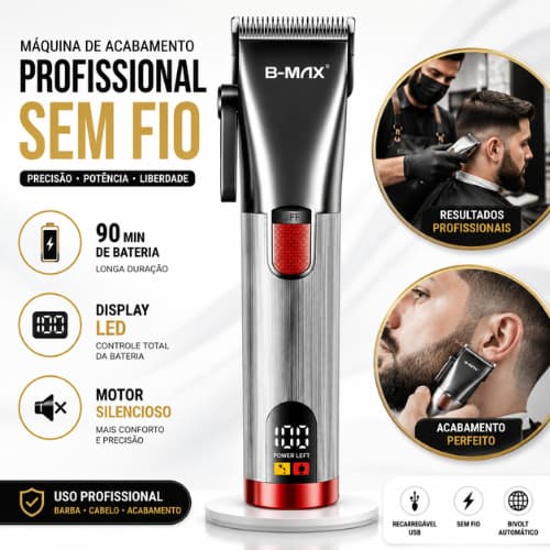 Máquina De Acabamento Profissional Sem Fio Aparador Barba Cabelo Recarregável USB Display LED Bivolt Uso Profissional