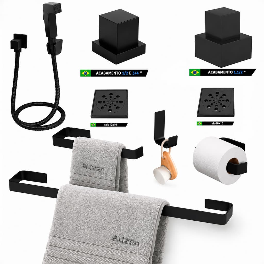 Kit De Banheiro preto Com dois Ralos Ant Odor 10x10 Ducha  Acabamentos De Registro