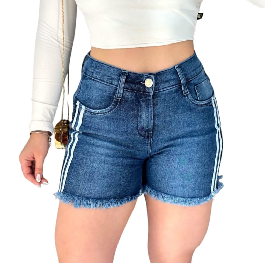 Bermuda Jeans Feminina Cintura Alta Barra Desfiada Tecido Premium Casual Cintura bem Justa