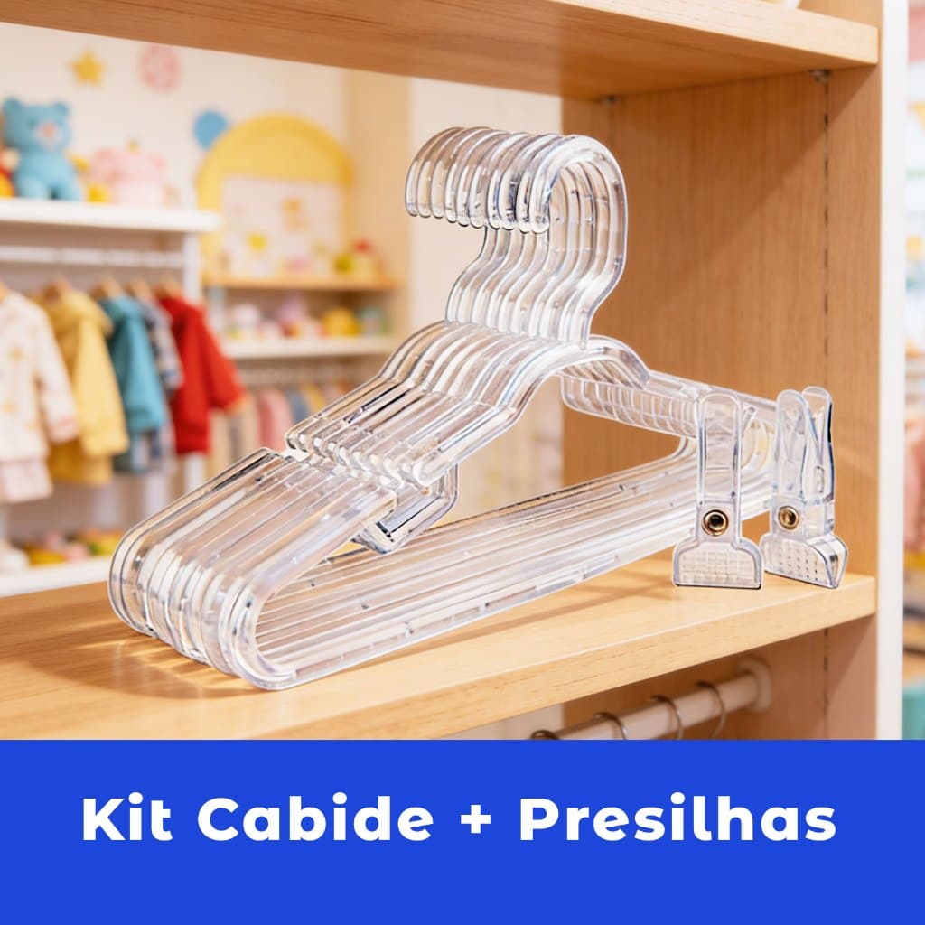 Kit 25 Cabides Infantis Reforçado 8mm Acrílico Transparente + 30 Presilhas para Cabides Transparente