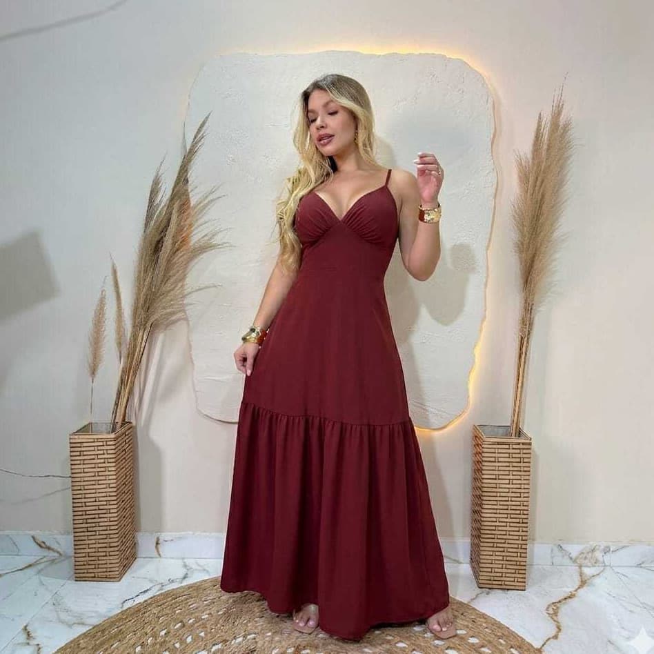 Vestido Feminino Longo liso Elegante Alças Finas Cintura Marcada Vestido Casual, Festa, Evento