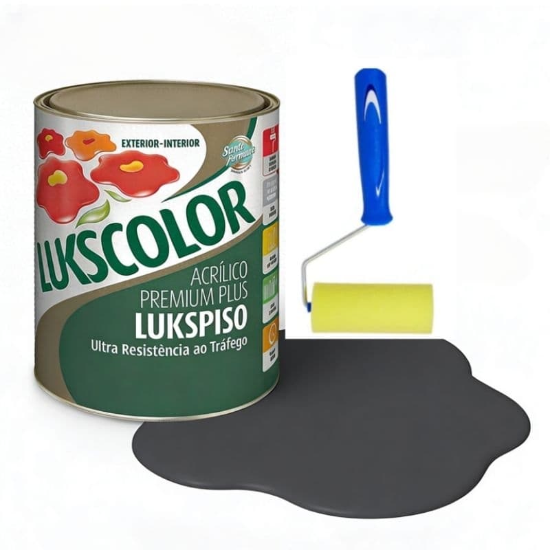 Tinta Cinza Chumbo Lukscolor 900ml p/ Piso e Parede Alto Rendimento + 1 Rolo 9cm