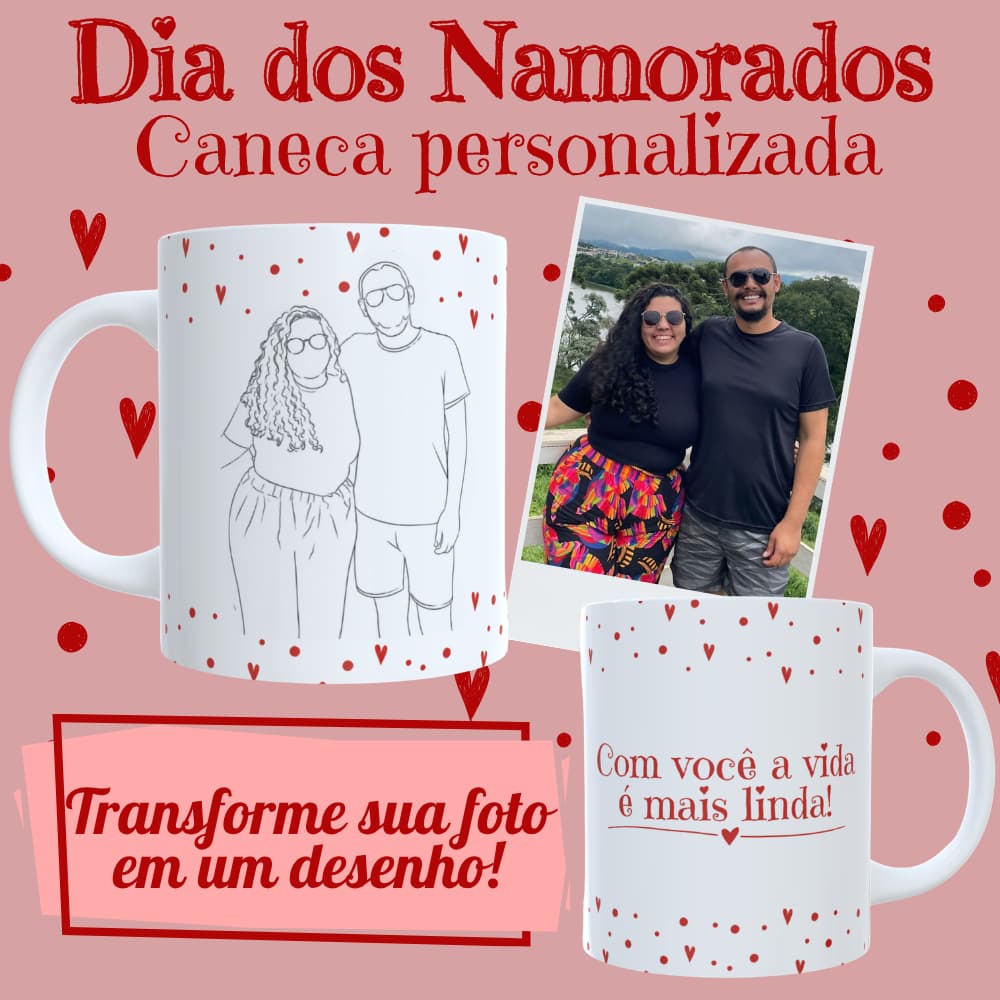 Caneca Desenho Casal 325ml | Transforme sua foto | Presente Aniversário de Namoro, Casamento, Bodas