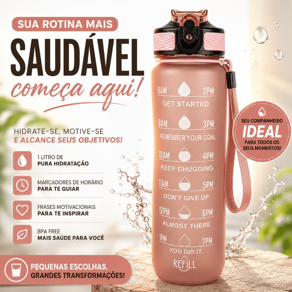 Garrafa de Água Motivacional Squeeze 1 Litro Marcador de Horário Moderna Veda Bem Frases