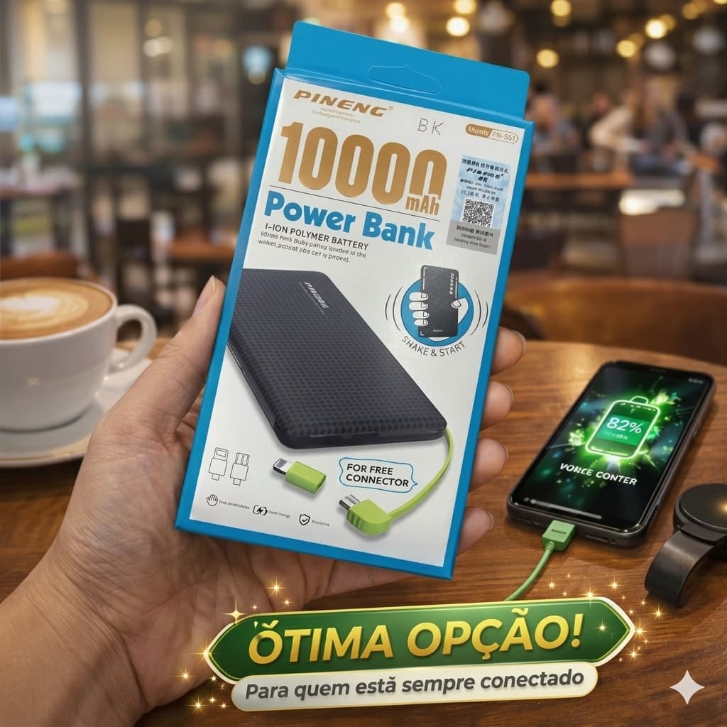 Carregador Portátil Pineng Power Bank 10.000mah com adaptador iPhone,V8 tecno shop